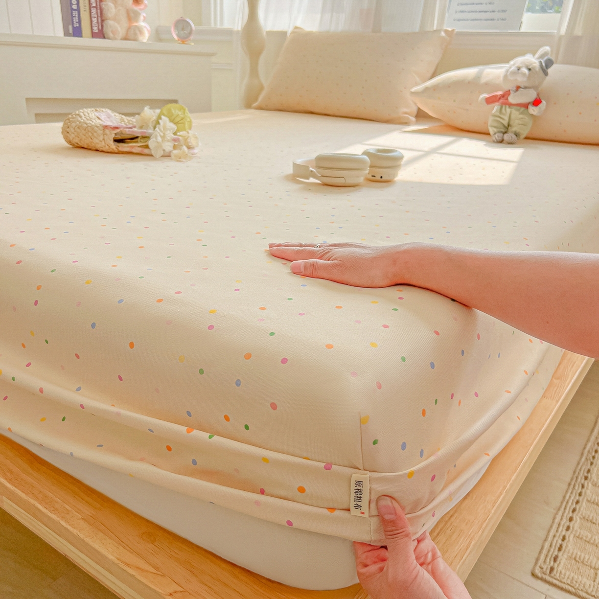 91家纺网 家纺一手货源 找家纺 韩巢家纺 2026新款老粗布床笠春夏季凉席席子热销款防滑床笠单件 波点世界【老粗布】