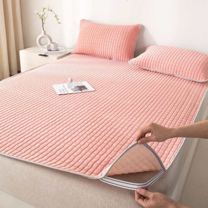 91家纺网 家纺一手货源 找家纺 麋兔 2026新款刺绣纯色氨纶凉感乳胶席子凉席 浅桔