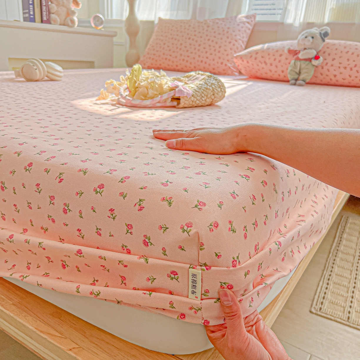 91家纺网 家纺一手货源 找家纺 韩巢家纺 2026新款老粗布床笠春夏季凉席席子热销款防滑床笠单件 花语【老粗布】