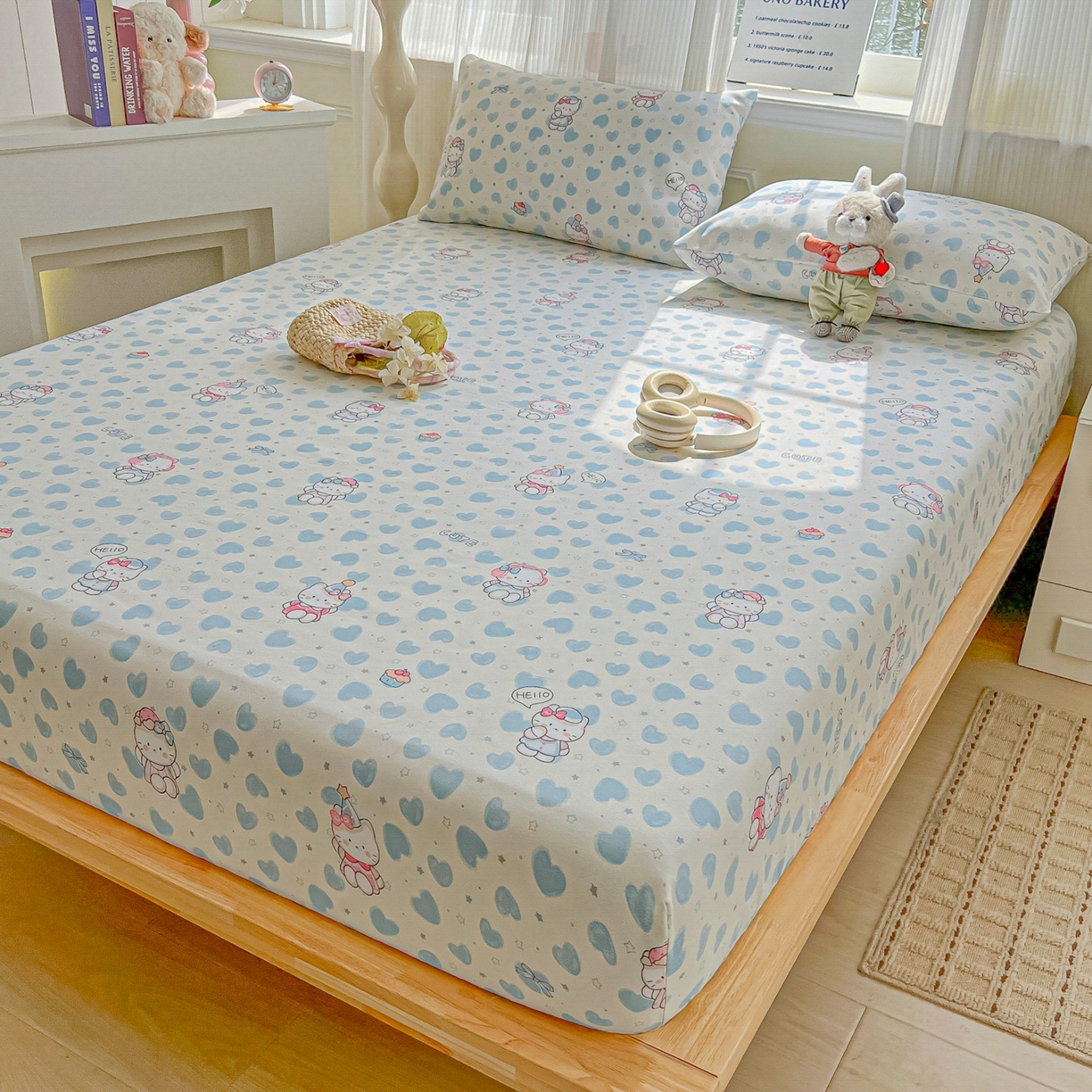 91家纺网 家纺一手货源 找家纺 韩巢家纺 2026新款老粗布床笠春夏季凉席席子热销款防滑床笠单件 蓝心凯蒂【老粗布】