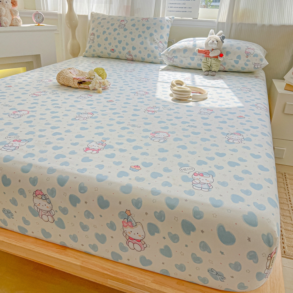 91家纺网 家纺一手货源 找家纺 韩巢家纺 2026新款老粗布床笠春夏季凉席席子热销款防滑床笠单件 蓝心凯蒂【老粗布】