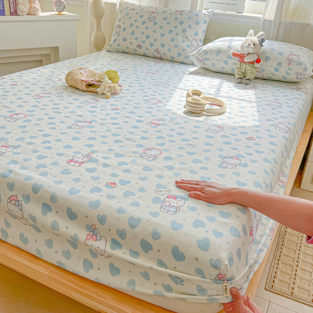 91家纺网 家纺一手货源 找家纺 韩巢家纺 2026新款老粗布床笠春夏季凉席席子热销款防滑床笠单件 蓝心凯蒂【老粗布】