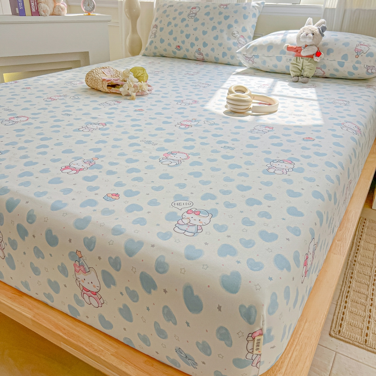 91家纺网 家纺一手货源 找家纺 韩巢家纺 2026新款老粗布床笠春夏季凉席席子热销款防滑床笠单件 蓝心凯蒂【老粗布】