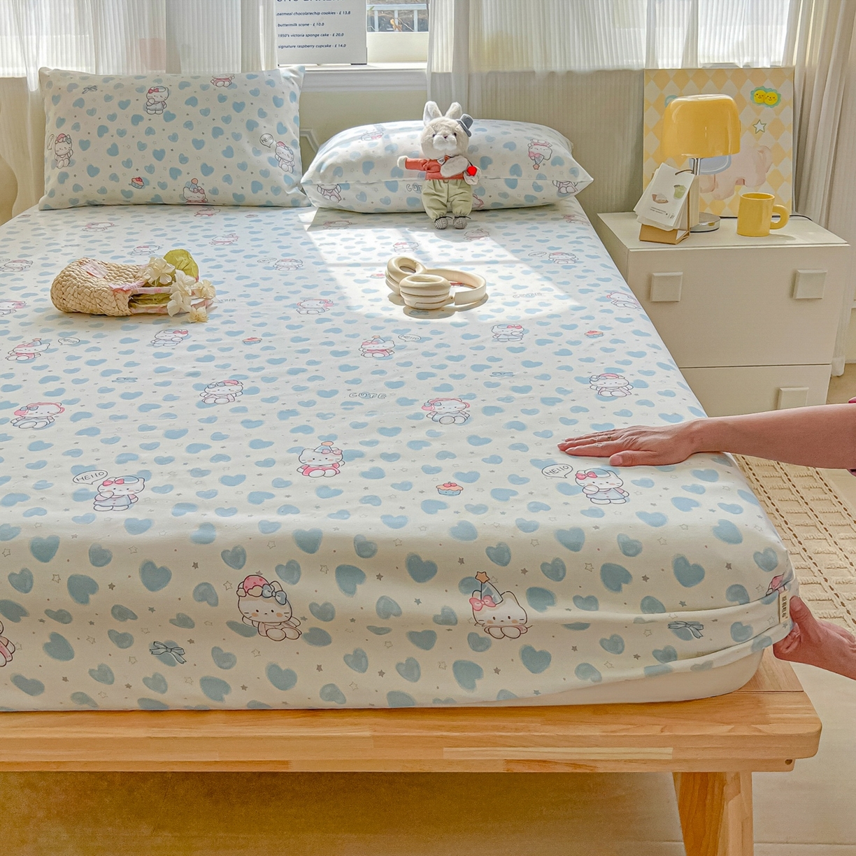 91家纺网 家纺一手货源 找家纺 韩巢家纺 2026新款老粗布床笠春夏季凉席席子热销款防滑床笠单件 蓝心凯蒂【老粗布】