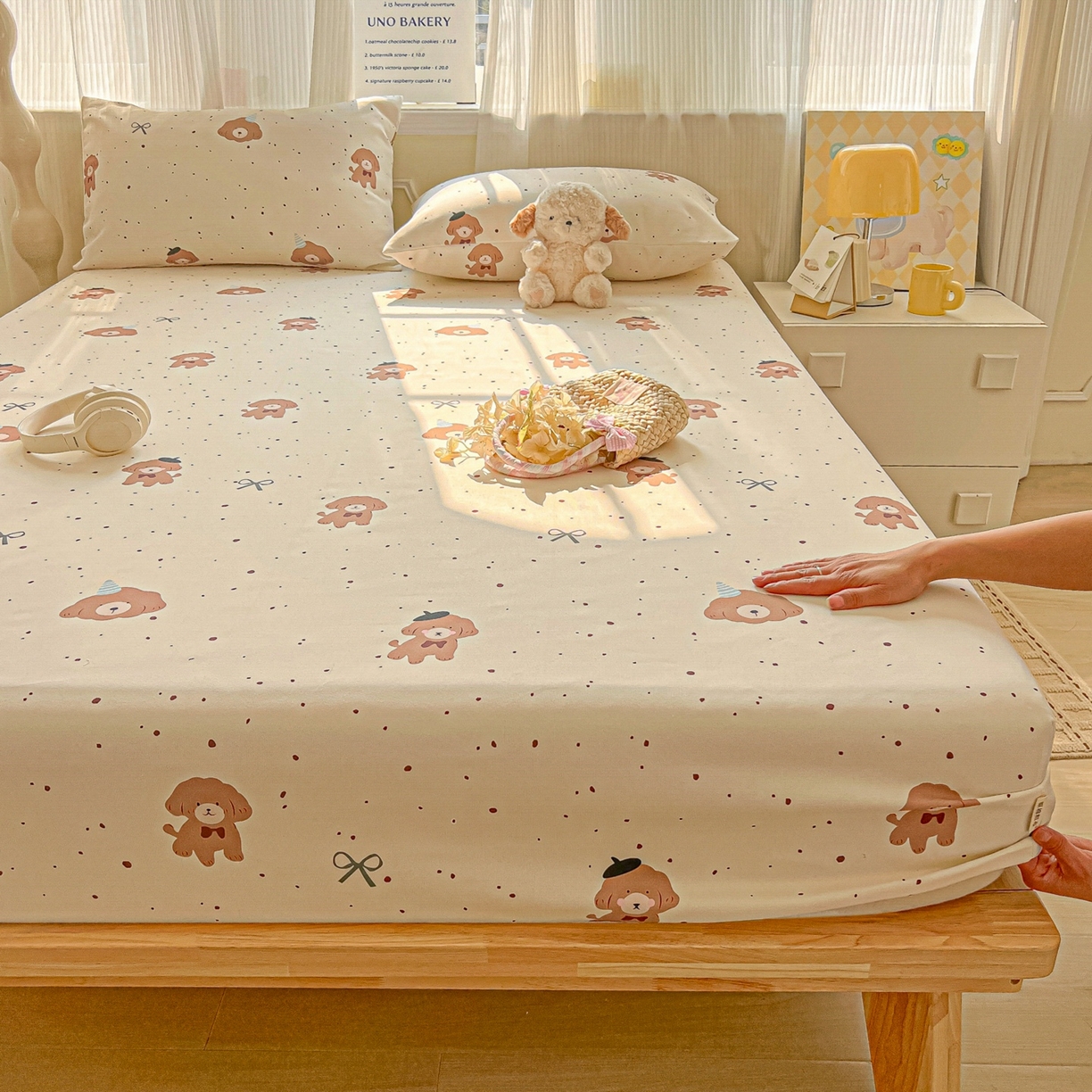 91家纺网 家纺一手货源 找家纺 韩巢家纺 2026新款老粗布床笠春夏季凉席席子热销款防滑床笠单件 萌趣小汪【老粗布】