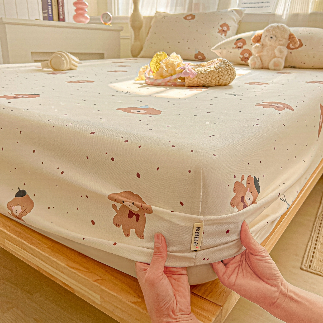 91家纺网 家纺一手货源 找家纺 韩巢家纺 2026新款老粗布床笠春夏季凉席席子热销款防滑床笠单件 萌趣小汪【老粗布】