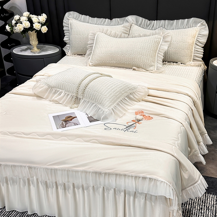 91家纺网 家纺一手货源 找家纺 妮恒美家纺 2026新款凉感丝夏被床盖款四件套 玫瑰之恋-白奶咖