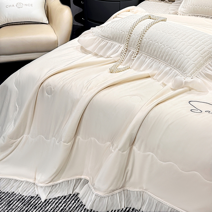 91家纺网 家纺一手货源 找家纺 妮恒美家纺 2026新款凉感丝夏被床盖款四件套 玫瑰之恋-白奶咖