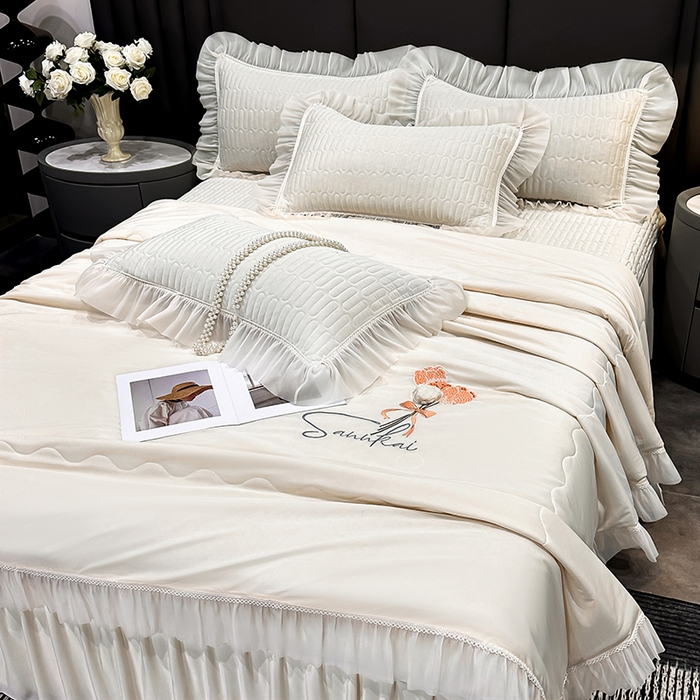 91家纺网 家纺一手货源 找家纺 妮恒美家纺 2026新款凉感丝夏被床盖款四件套 玫瑰之恋-白奶咖