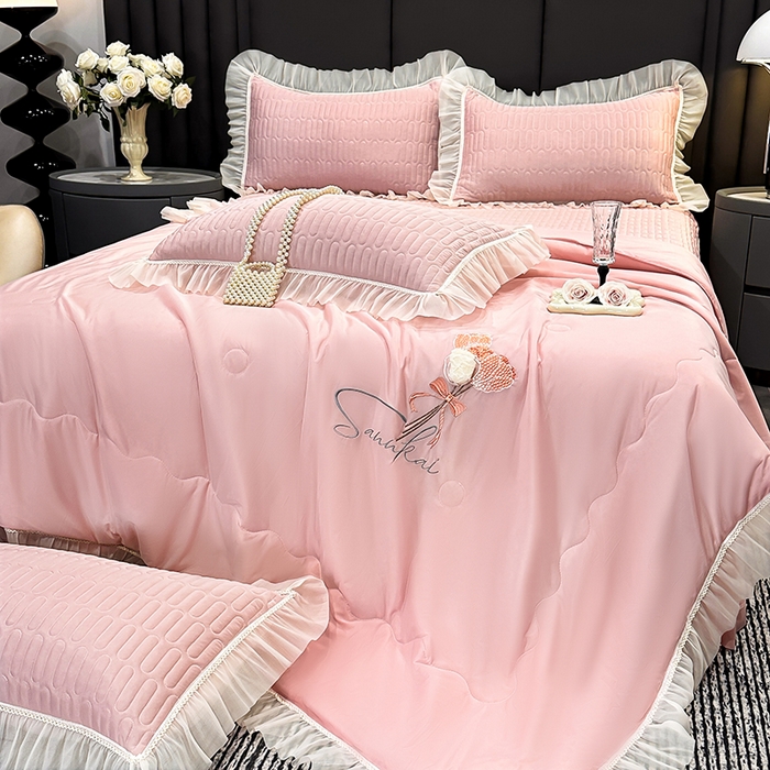 91家纺网 家纺一手货源 找家纺 妮恒美家纺 2026新款凉感丝夏被床盖款四件套 玫瑰之恋-初恋玉