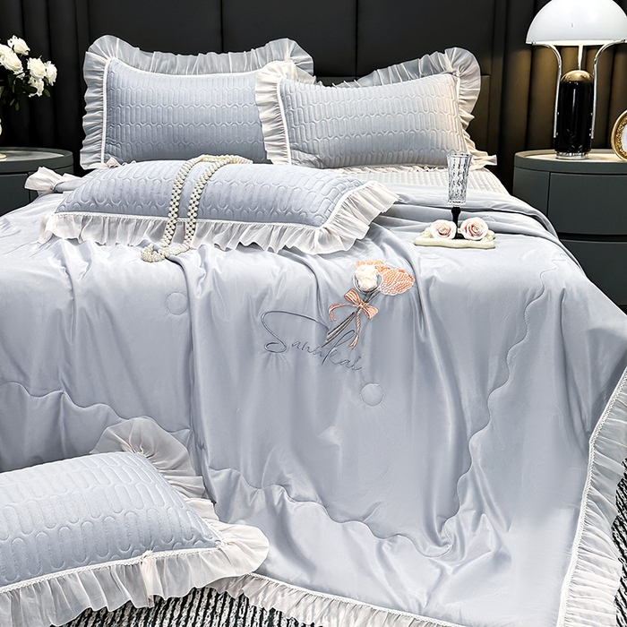 91家纺网 家纺一手货源 找家纺 妮恒美家纺 2026新款凉感丝夏被床盖款四件套 玫瑰之恋-高级灰