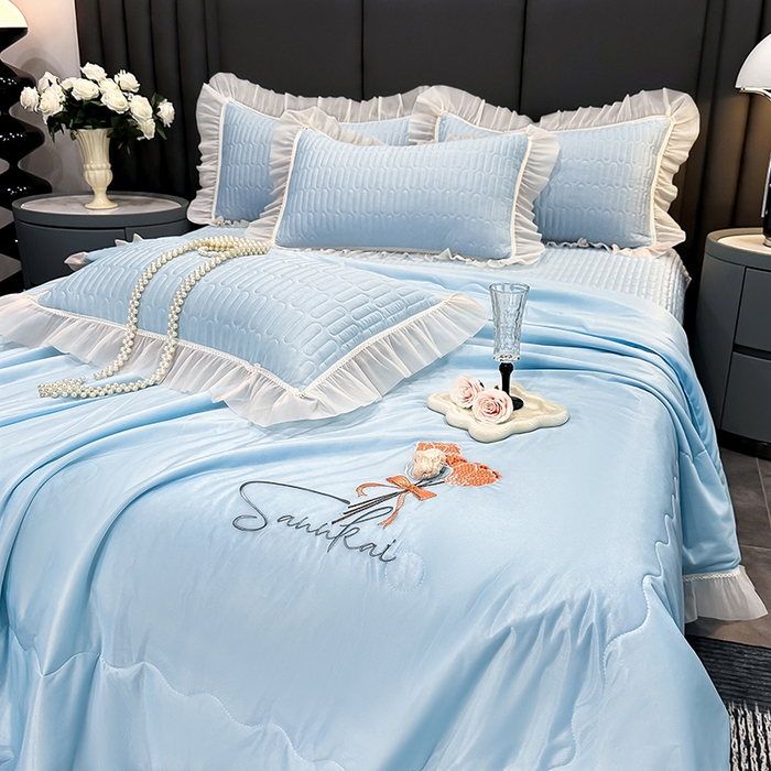 91家纺网 家纺一手货源 找家纺 妮恒美家纺 2026新款凉感丝夏被床盖款四件套 玫瑰之恋-海蓝灰