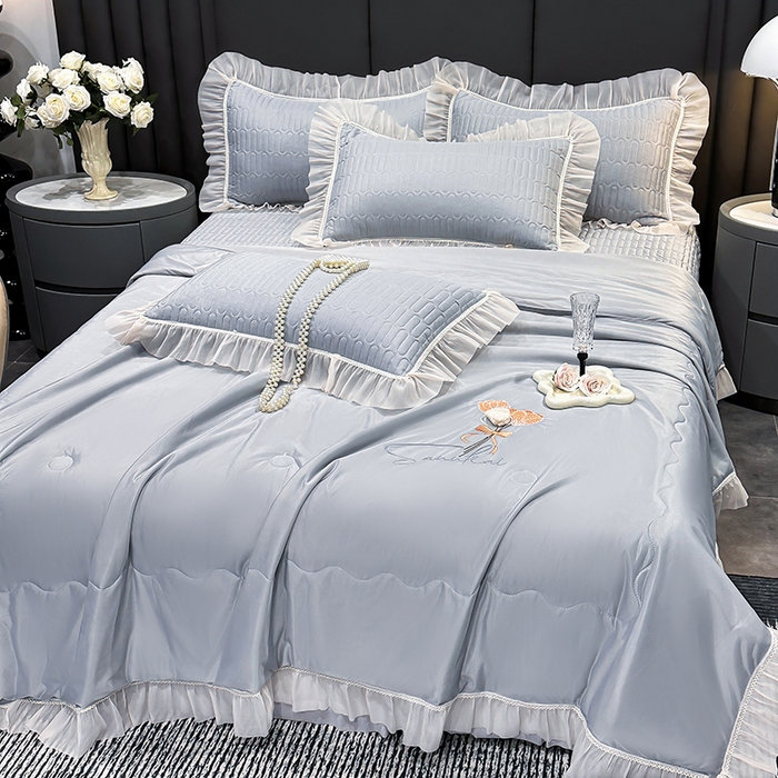 91家纺网 家纺一手货源 找家纺 妮恒美家纺 2026新款凉感丝夏被床盖款四件套 玫瑰之恋-高级灰