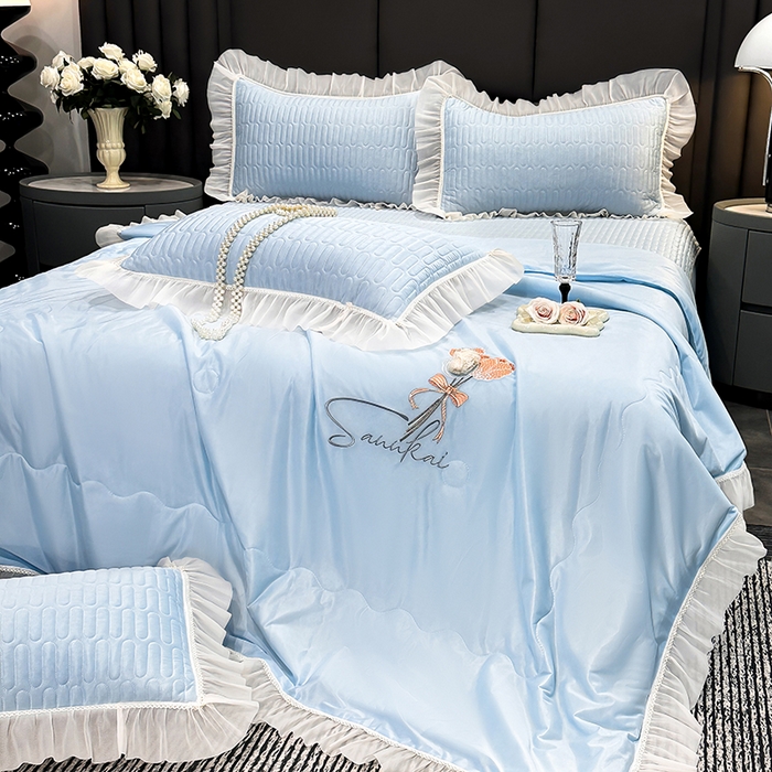 91家纺网 家纺一手货源 找家纺 妮恒美家纺 2026新款凉感丝夏被床盖款四件套 玫瑰之恋-海蓝灰