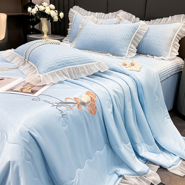 91家纺网 家纺一手货源 找家纺 妮恒美家纺 2026新款凉感丝夏被床盖款四件套 玫瑰之恋-海蓝灰