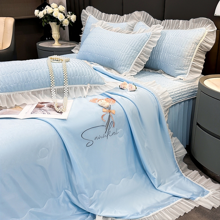 91家纺网 家纺一手货源 找家纺 妮恒美家纺 2026新款凉感丝夏被床盖款四件套 玫瑰之恋-海蓝灰