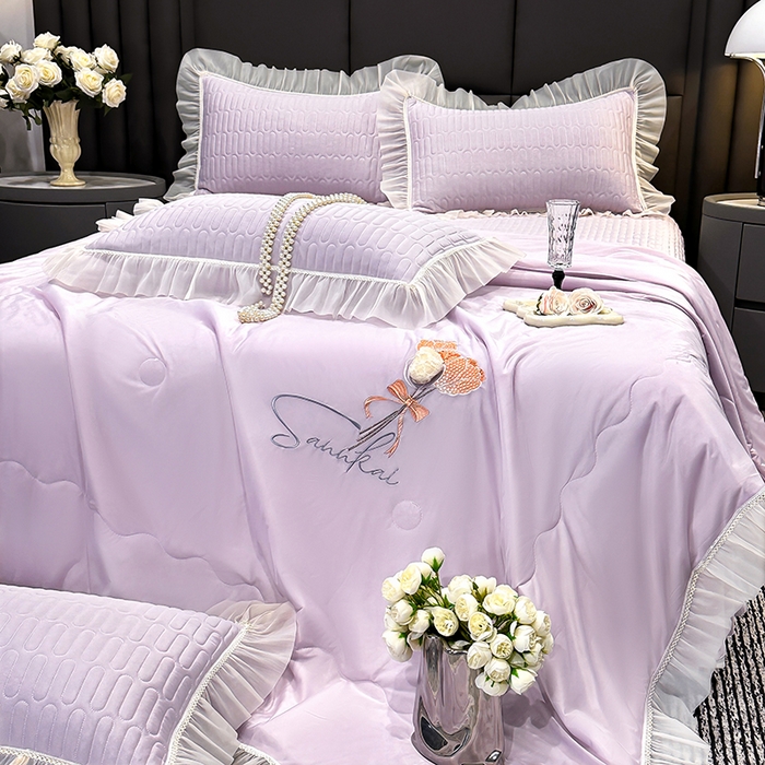 91家纺网 家纺一手货源 找家纺 妮恒美家纺 2026新款凉感丝夏被床盖款四件套 玫瑰之恋-爱情紫