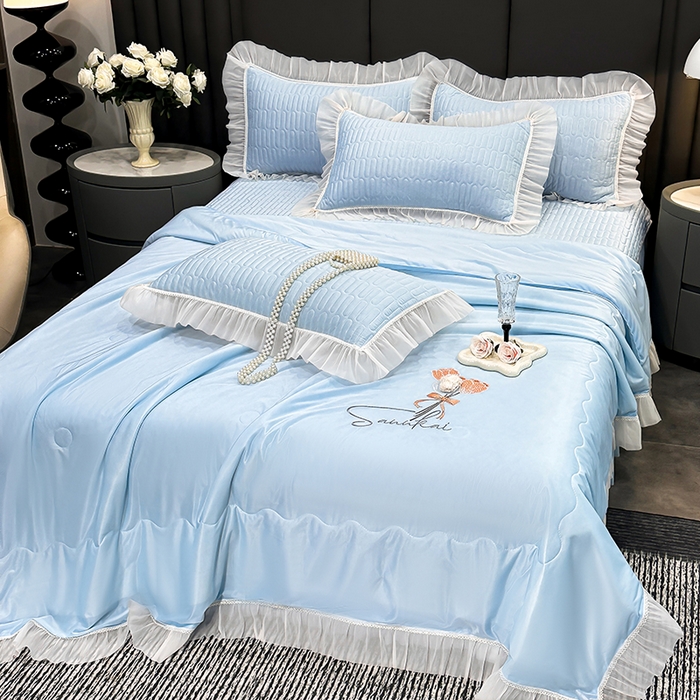 91家纺网 家纺一手货源 找家纺 妮恒美家纺 2026新款凉感丝夏被床盖款四件套 玫瑰之恋-海蓝灰