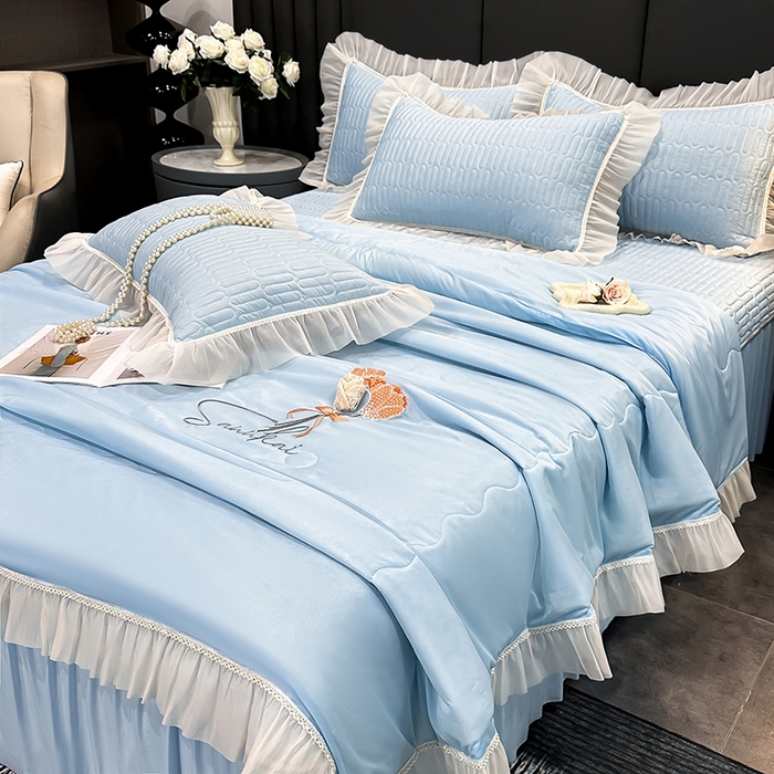 91家纺网 家纺一手货源 找家纺 妮恒美家纺 2026新款凉感丝夏被床盖款四件套 玫瑰之恋-海蓝灰