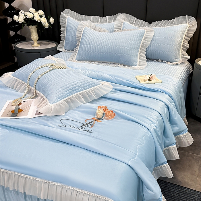 91家纺网 家纺一手货源 找家纺 妮恒美家纺 2026新款凉感丝夏被床盖款四件套 玫瑰之恋-海蓝灰