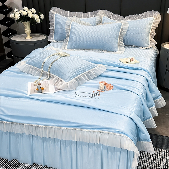 91家纺网 家纺一手货源 找家纺 妮恒美家纺 2026新款凉感丝夏被床盖款四件套 玫瑰之恋-海蓝灰