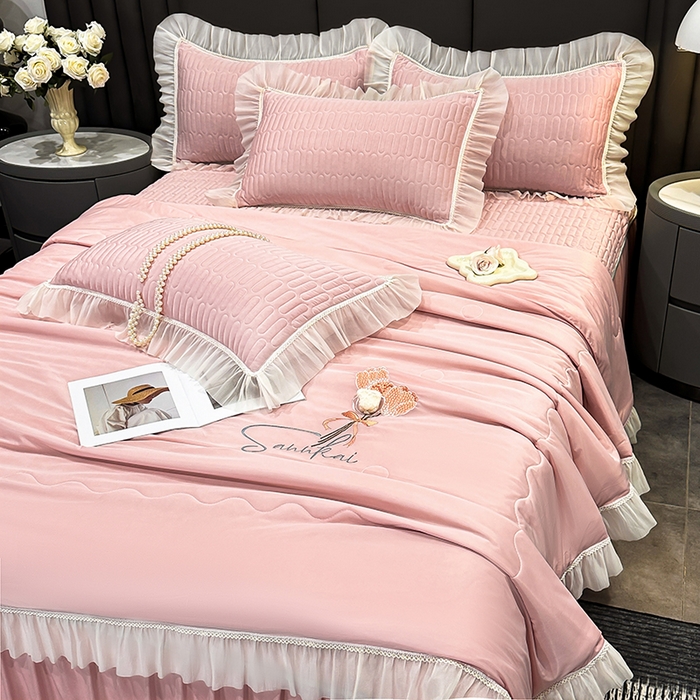 91家纺网 家纺一手货源 找家纺 妮恒美家纺 2026新款凉感丝夏被床盖款四件套 玫瑰之恋-初恋玉