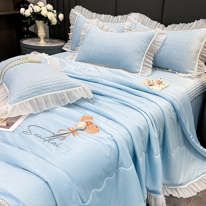 91家纺网 家纺一手货源 找家纺 妮恒美家纺 2026新款凉感丝夏被床盖款四件套 玫瑰之恋-海蓝灰