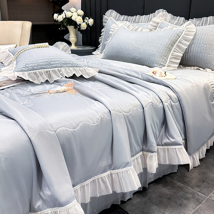 91家纺网 家纺一手货源 找家纺 妮恒美家纺 2026新款凉感丝夏被床盖款四件套 玫瑰之恋-高级灰