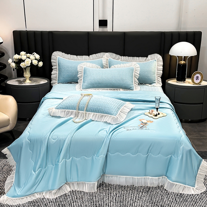 91家纺网 家纺一手货源 找家纺 妮恒美家纺 2026新款凉感丝夏被床盖款四件套 玫瑰之恋-梦幻绿