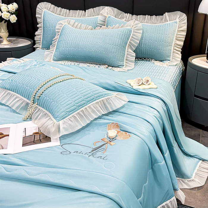 91家纺网 家纺一手货源 找家纺 妮恒美家纺 2026新款凉感丝夏被床盖款四件套 玫瑰之恋-梦幻绿