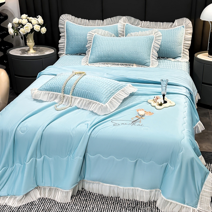 91家纺网 家纺一手货源 找家纺 妮恒美家纺 2026新款凉感丝夏被床盖款四件套 玫瑰之恋-梦幻绿