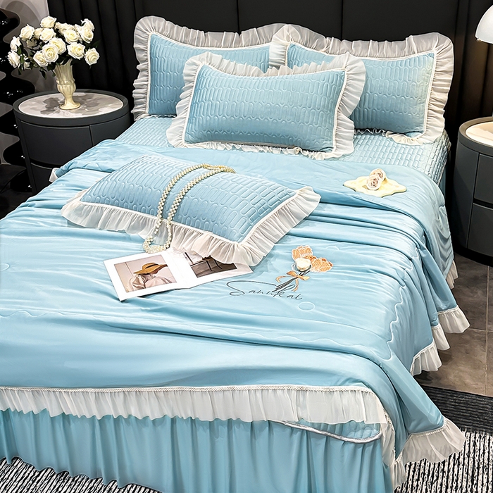 91家纺网 家纺一手货源 找家纺 妮恒美家纺 2026新款凉感丝夏被床盖款四件套 玫瑰之恋-梦幻绿