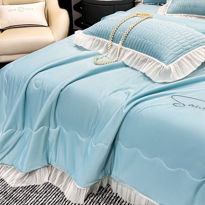 91家纺网 家纺一手货源 找家纺 妮恒美家纺 2026新款凉感丝夏被床盖款四件套 玫瑰之恋-梦幻绿