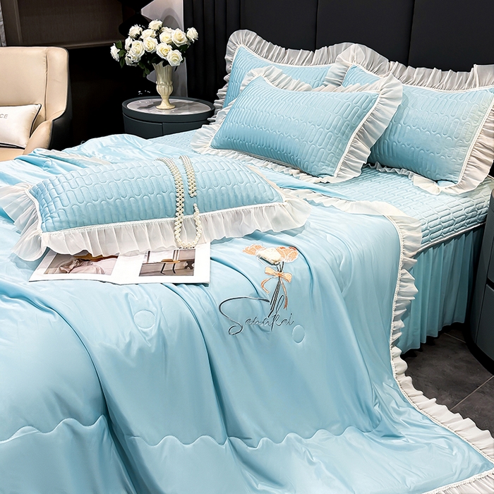 91家纺网 家纺一手货源 找家纺 妮恒美家纺 2026新款凉感丝夏被床盖款四件套 玫瑰之恋-梦幻绿