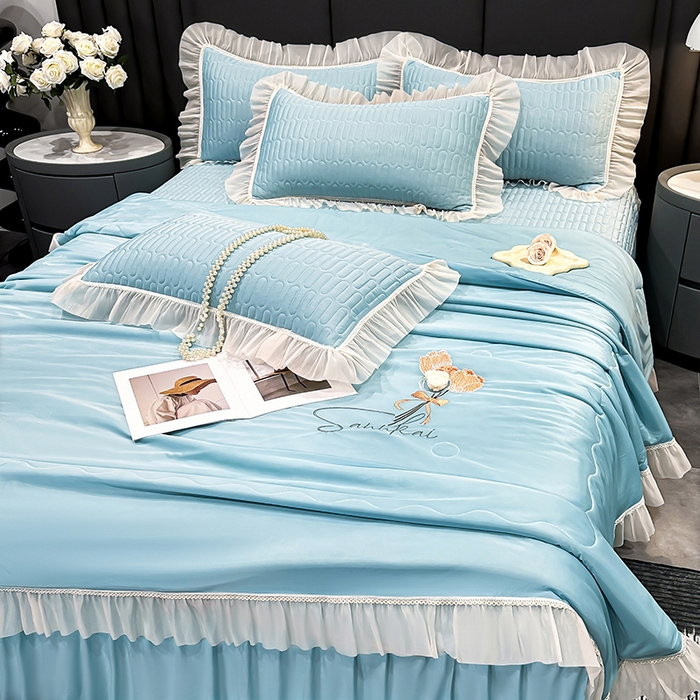 91家纺网 家纺一手货源 找家纺 妮恒美家纺 2026新款凉感丝夏被床盖款四件套 玫瑰之恋-梦幻绿