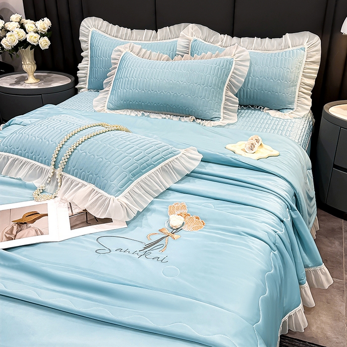 91家纺网 家纺一手货源 找家纺 妮恒美家纺 2026新款凉感丝夏被床盖款四件套 玫瑰之恋-梦幻绿