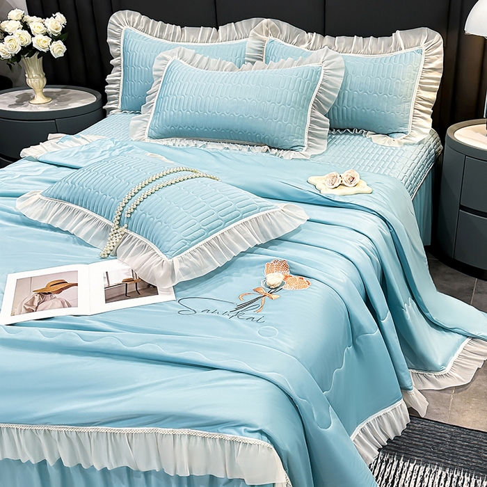 91家纺网 家纺一手货源 找家纺 妮恒美家纺 2026新款凉感丝夏被床盖款四件套 玫瑰之恋-梦幻绿