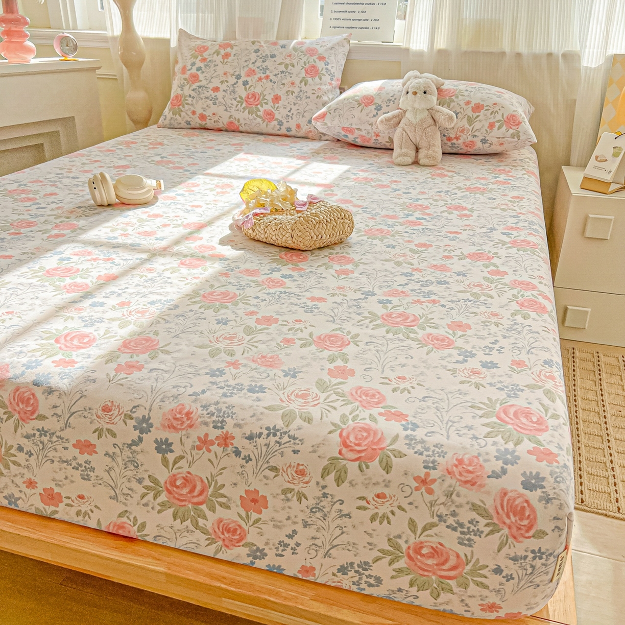 91家纺网 家纺一手货源 找家纺 韩巢家纺 2026新款老粗布床笠春夏季凉席席子热销款防滑床笠单件 蔷薇甜梦【老粗布】