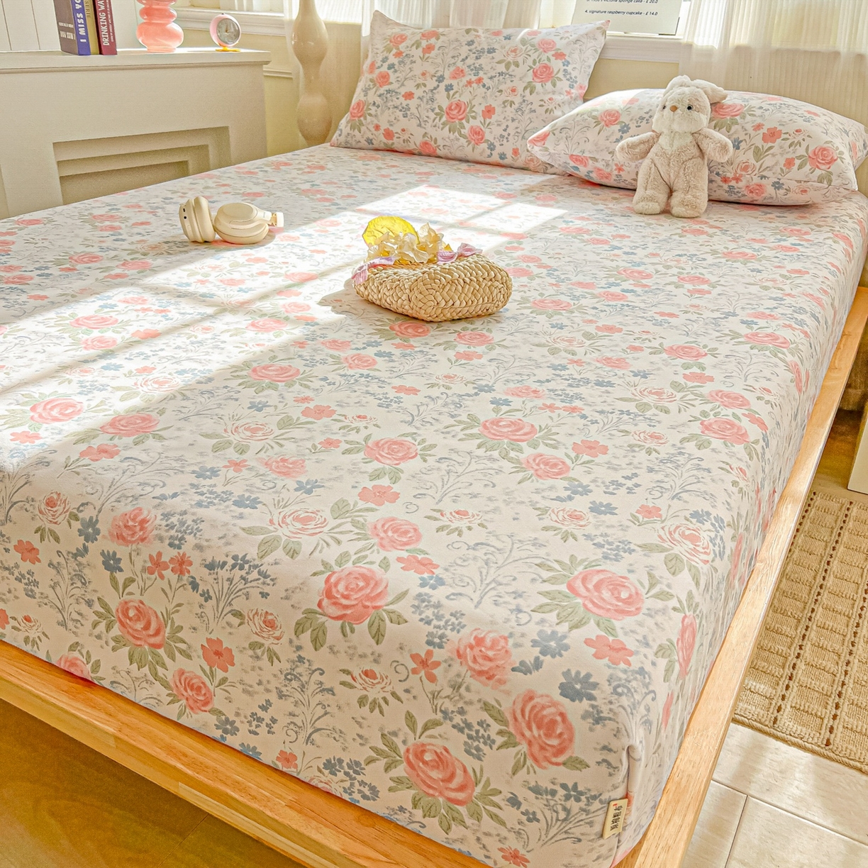 91家纺网 家纺一手货源 找家纺 韩巢家纺 2026新款老粗布床笠春夏季凉席席子热销款防滑床笠单件 蔷薇甜梦【老粗布】