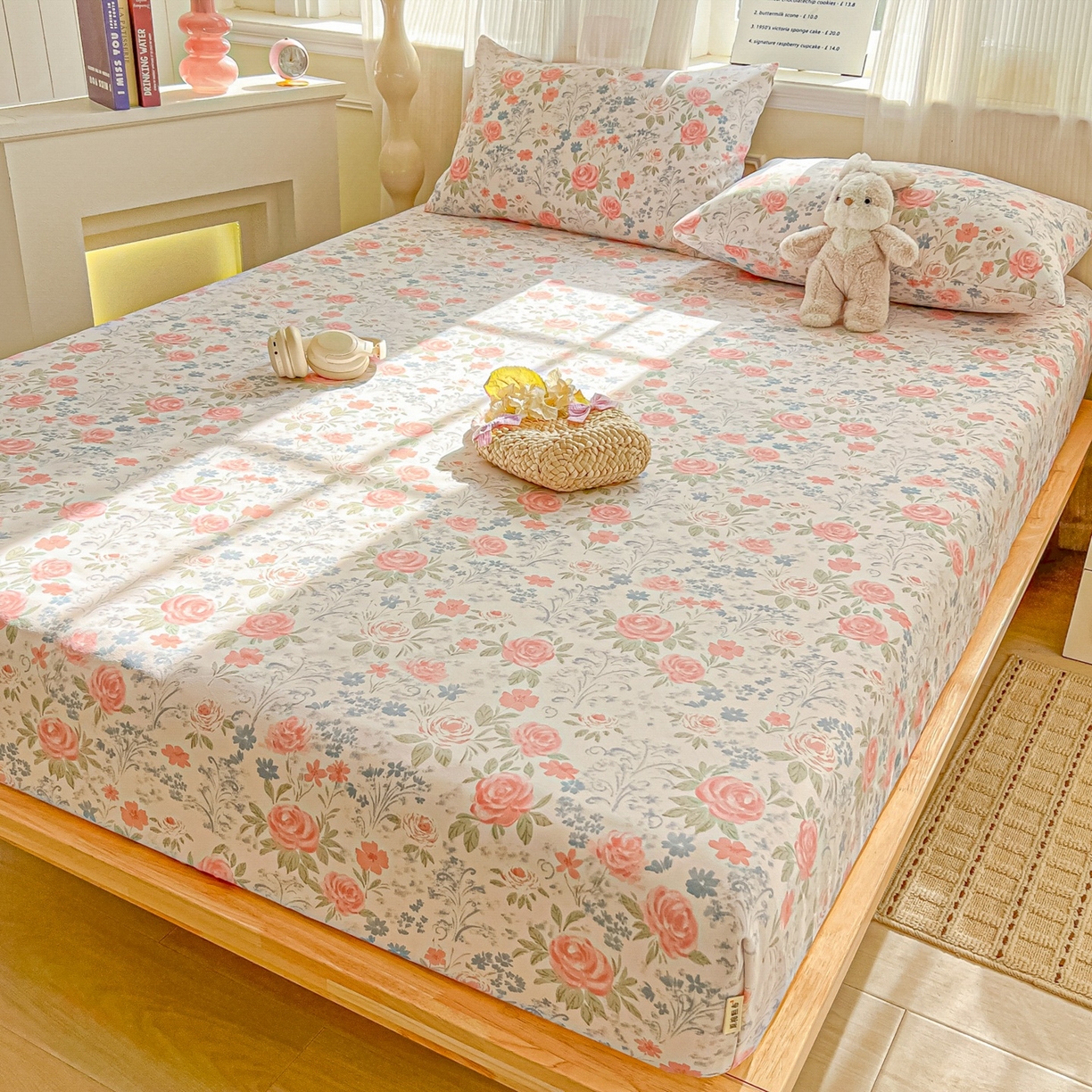 91家纺网 家纺一手货源 找家纺 韩巢家纺 2026新款老粗布床笠春夏季凉席席子热销款防滑床笠单件 蔷薇甜梦【老粗布】