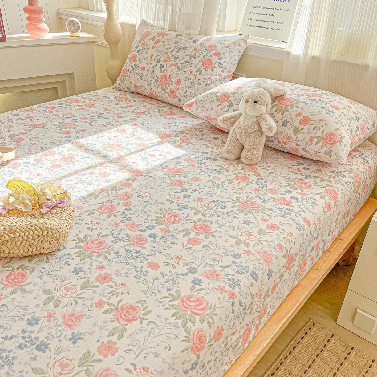 91家纺网 家纺一手货源 找家纺 韩巢家纺 2026新款老粗布床笠春夏季凉席席子热销款防滑床笠单件 蔷薇甜梦【老粗布】