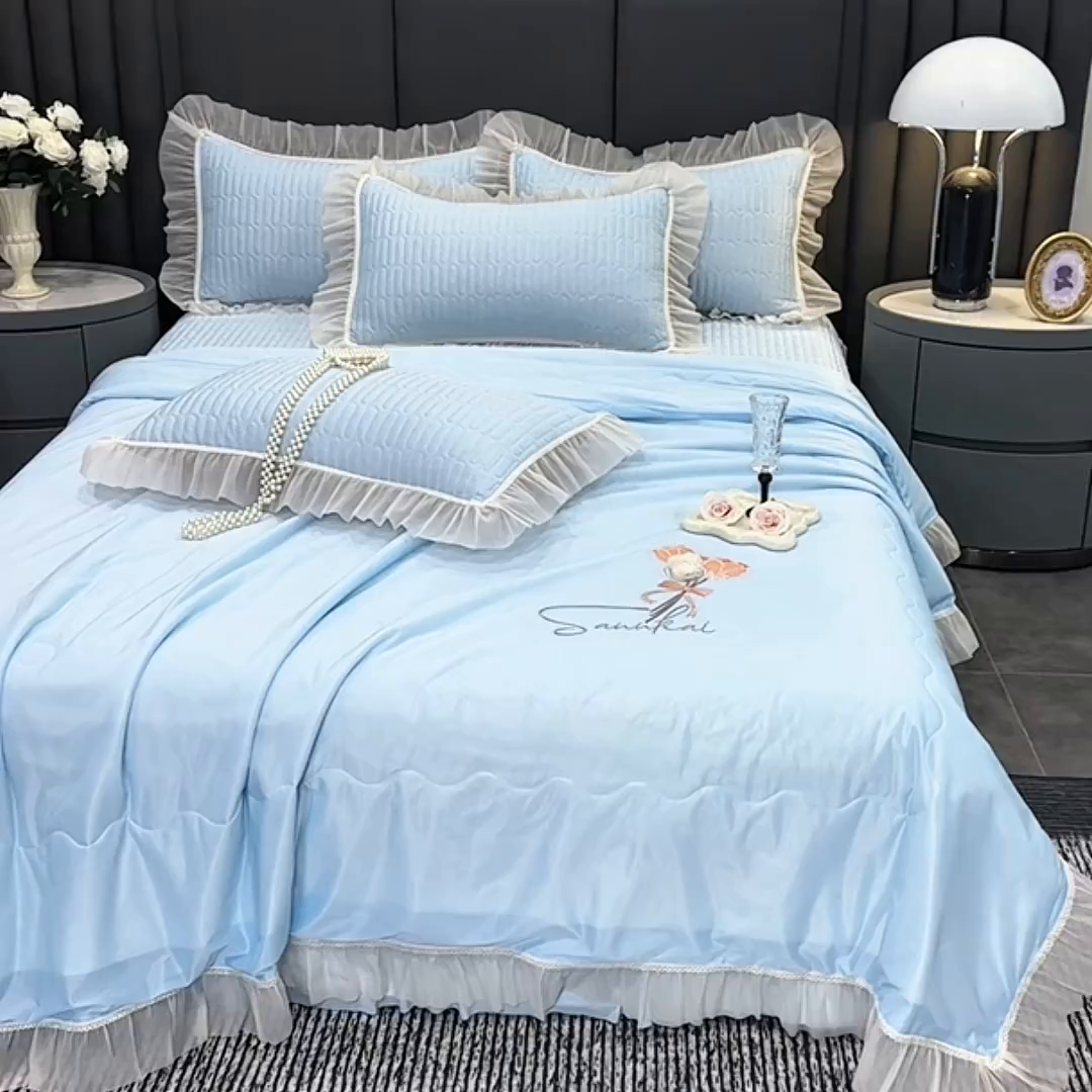91家纺网 家纺一手货源 找家纺 妮恒美家纺 2026新款凉感丝夏被床盖款四件套 玫瑰之恋-海蓝灰