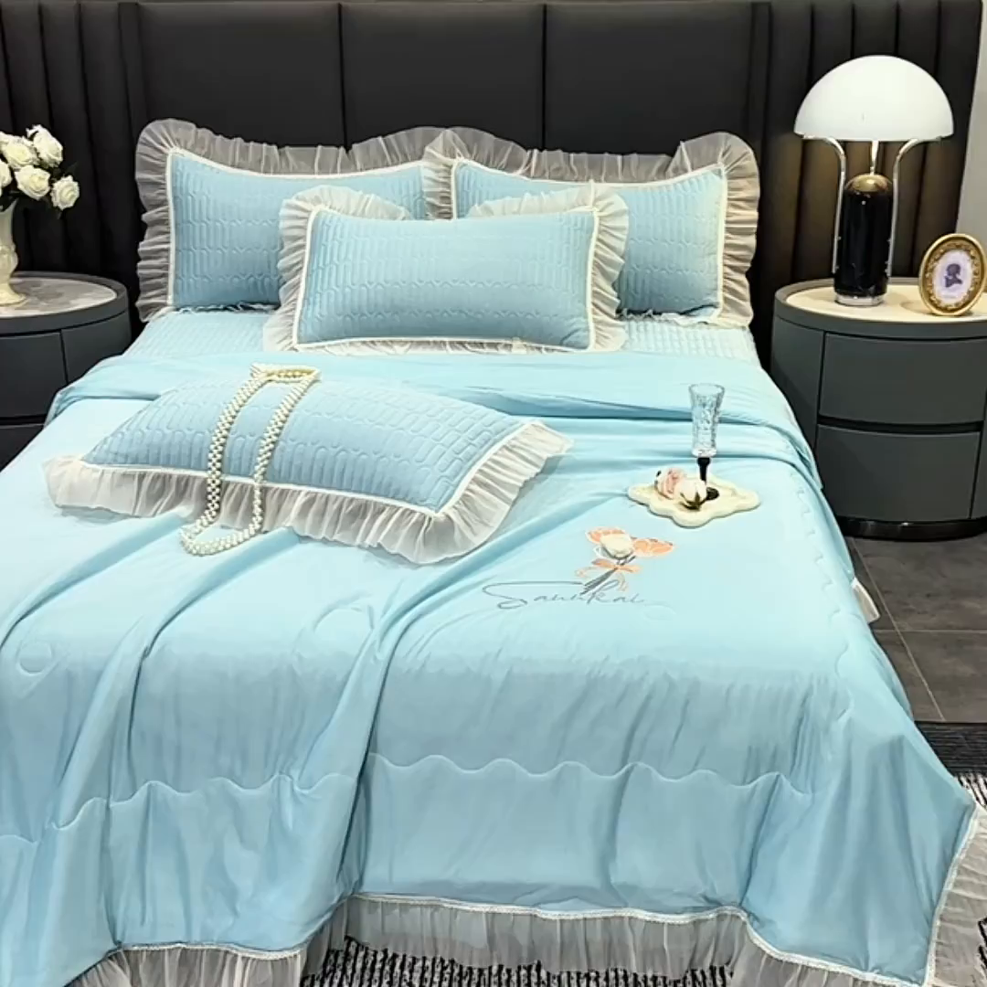 91家纺网 家纺一手货源 找家纺 妮恒美家纺 2026新款凉感丝夏被床盖款四件套 玫瑰之恋-梦幻绿