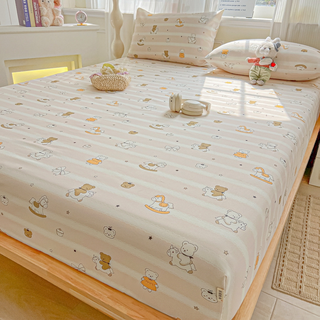 91家纺网 家纺一手货源 找家纺 韩巢家纺 2026新款老粗布床笠春夏季凉席席子热销款防滑床笠单件 童趣小熊【老粗布】