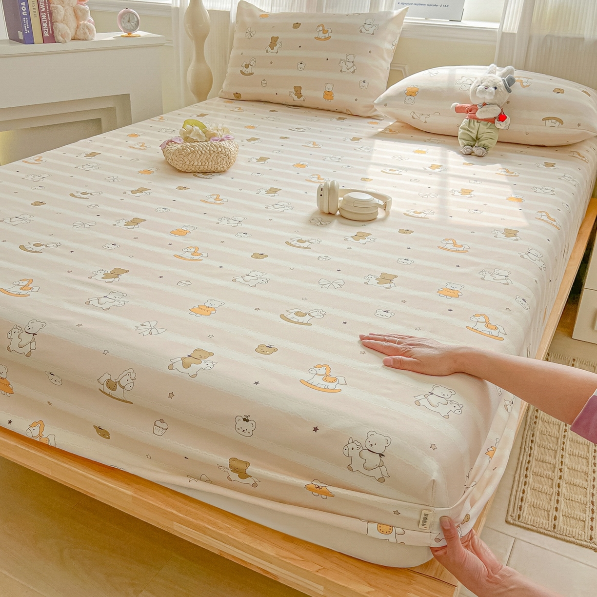 91家纺网 家纺一手货源 找家纺 韩巢家纺 2026新款老粗布床笠春夏季凉席席子热销款防滑床笠单件 童趣小熊【老粗布】