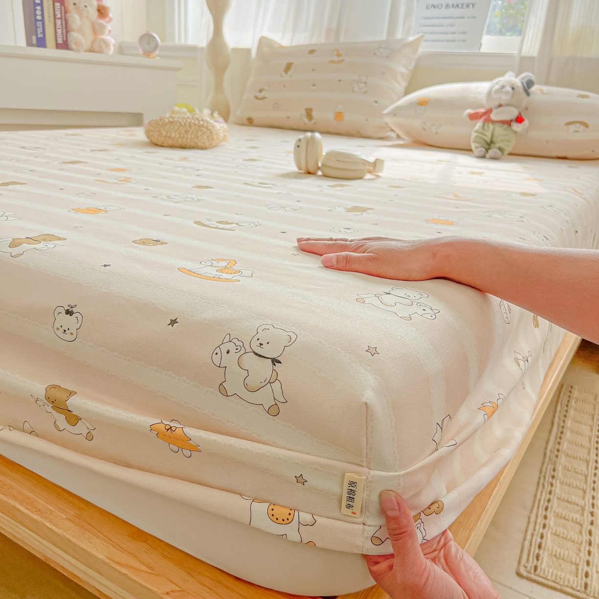 91家纺网 家纺一手货源 找家纺 韩巢家纺 2026新款老粗布床笠春夏季凉席席子热销款防滑床笠单件 童趣小熊【老粗布】