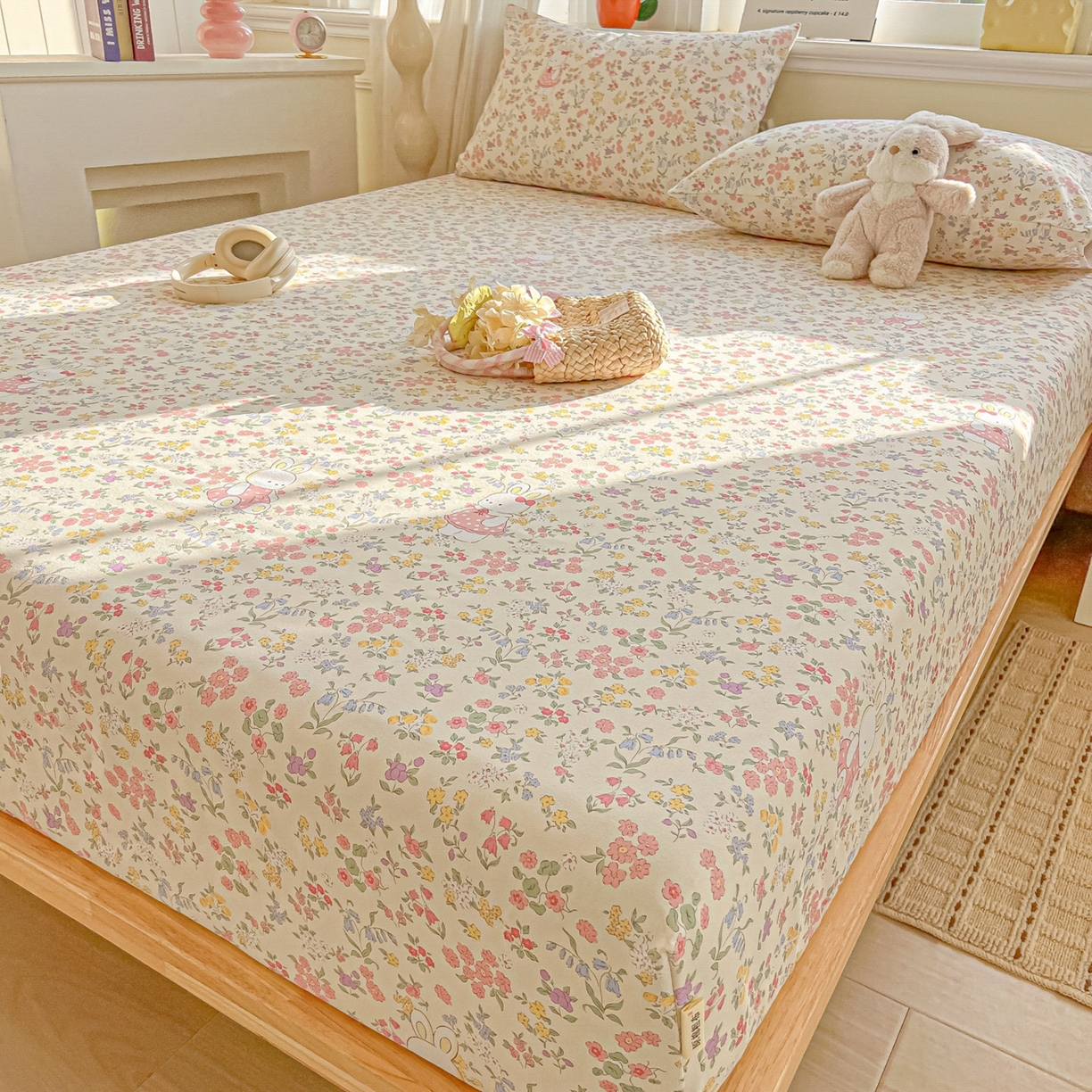 91家纺网 家纺一手货源 找家纺 韩巢家纺 2026新款老粗布床笠春夏季凉席席子热销款防滑床笠单件 兔子的花园【老粗布】