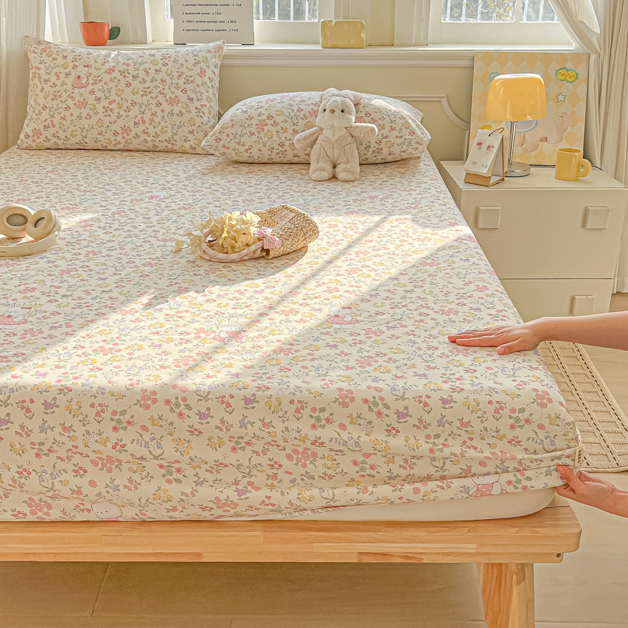 91家纺网 家纺一手货源 找家纺 韩巢家纺 2026新款老粗布床笠春夏季凉席席子热销款防滑床笠单件 兔子的花园【老粗布】