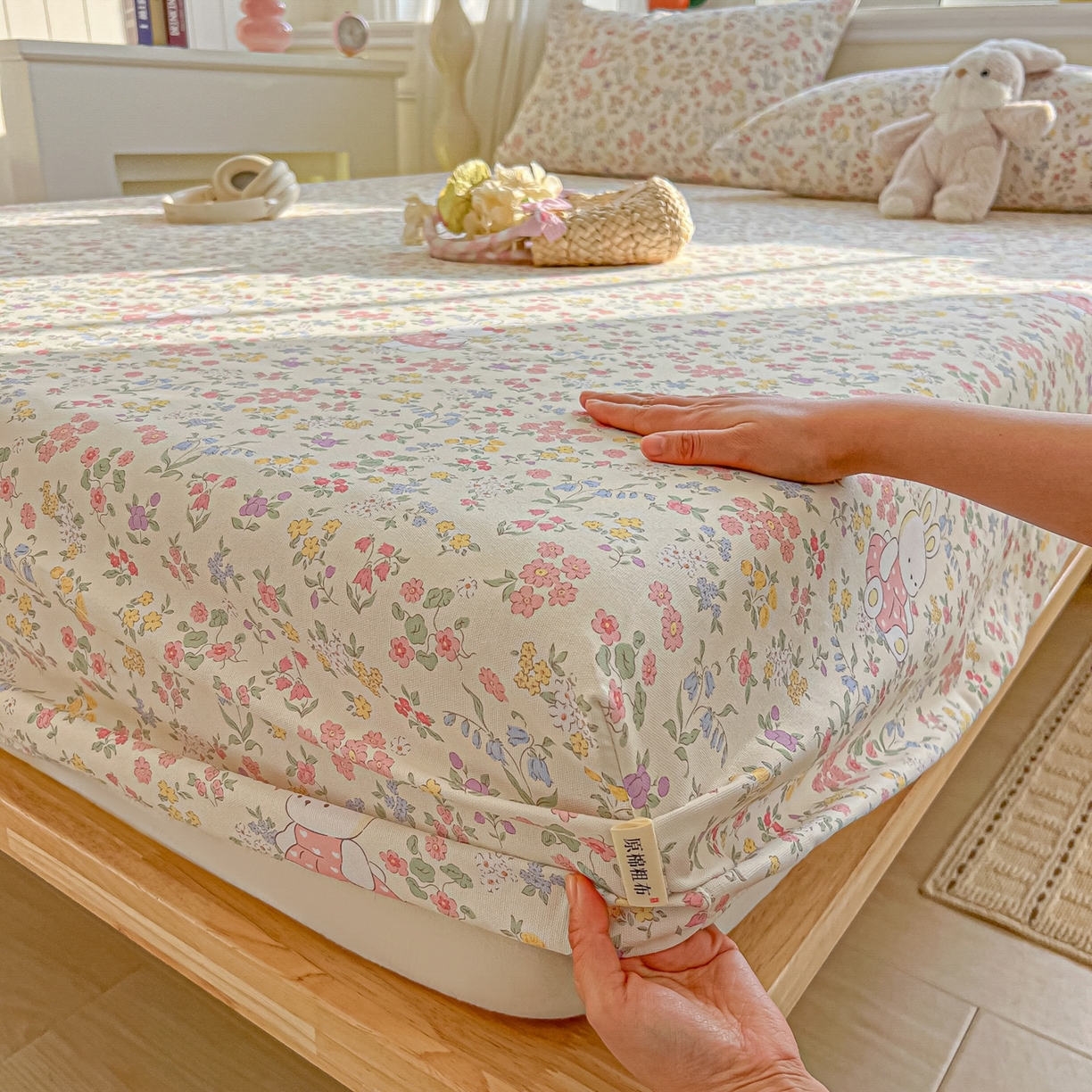 91家纺网 家纺一手货源 找家纺 韩巢家纺 2026新款老粗布床笠春夏季凉席席子热销款防滑床笠单件 兔子的花园【老粗布】