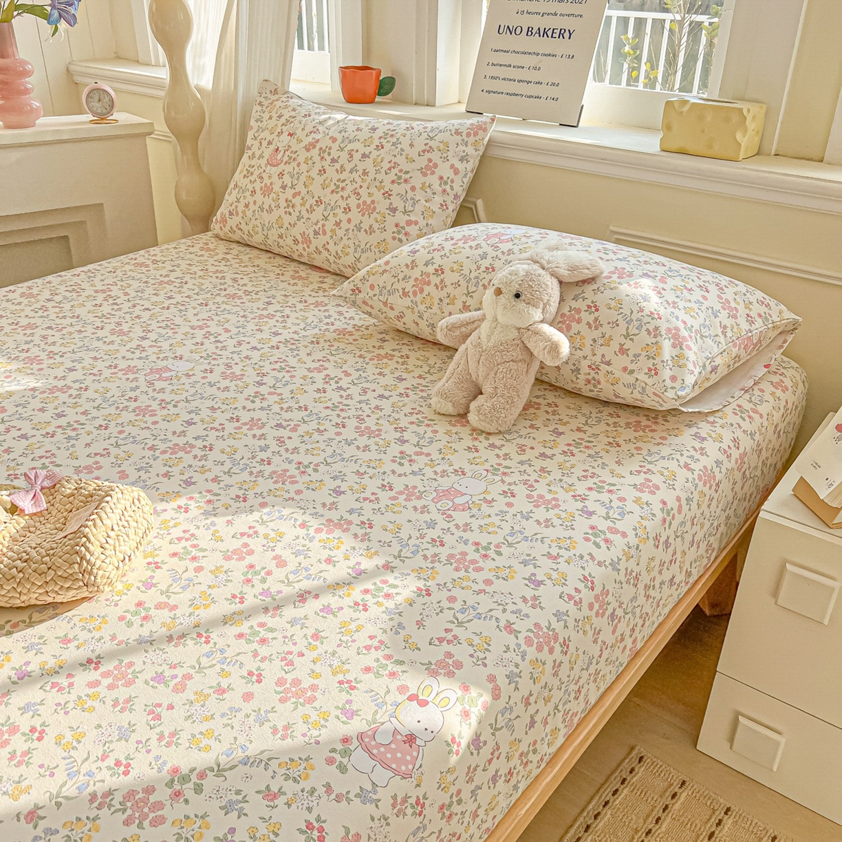 91家纺网 家纺一手货源 找家纺 韩巢家纺 2026新款老粗布床笠春夏季凉席席子热销款防滑床笠单件 兔子的花园【老粗布】